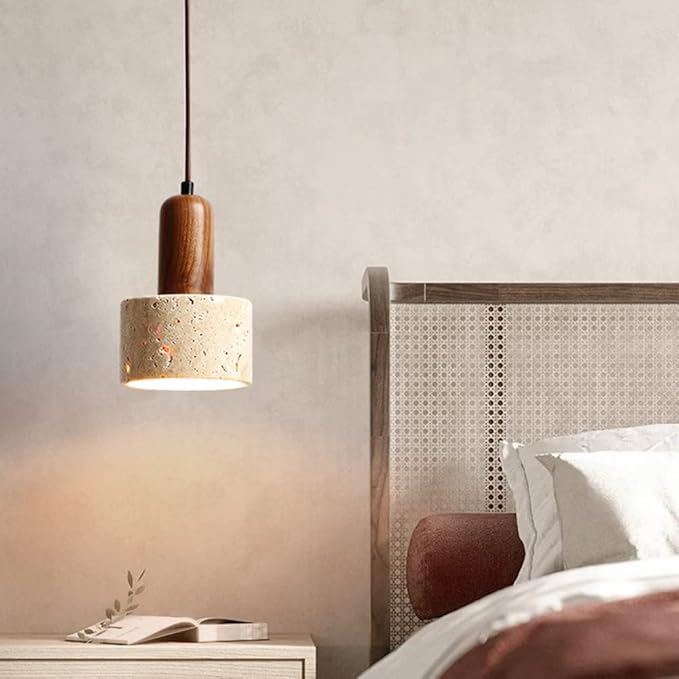Natural Stone Shade Cylinder Pendant Light Walnut Wood Hainging Light Kit Retro Mini Pendant Lamp Nordic Pendant Lighting for Kitchen Island