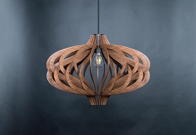 Wood Pendant Light – Scandinavian Geometric Wooden Ceiling Light, Modern Chandelier for Kitchen Island & Dining Room, Adjustable Hanging Lamp, Natural Finish, E26 Base