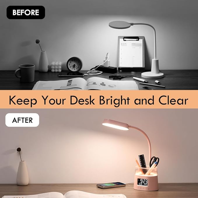 WILIT LED Desk Lamp for College Dorm Room Essentials, Students Study Lamp with USB Charging Port, Pen Holder, Clock & RGB Night Light, Office Desk Light Accessories, Table Lamp for Bedroom - Pink