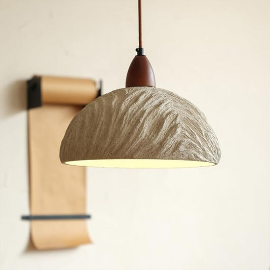 Wabi Sabi Pendant Light, 11" Concrete Pendant Light with Grey Irregular Textured Lampshade & Wooden Ceiling Plate, Retro Cement Hanging Lamp Ideal for Bedroom Living Room Kitchen (No Bulb)