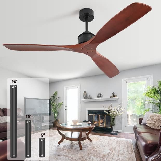 60 Inch Walnut Ceiling Fan with Remote Contro, 3 Wood Blade Ceiling Fans Without Lights, Ceiling Fan No Light with Timer, Noiseless Reversible DC Motor for Indoor Outdoor Farmhouse