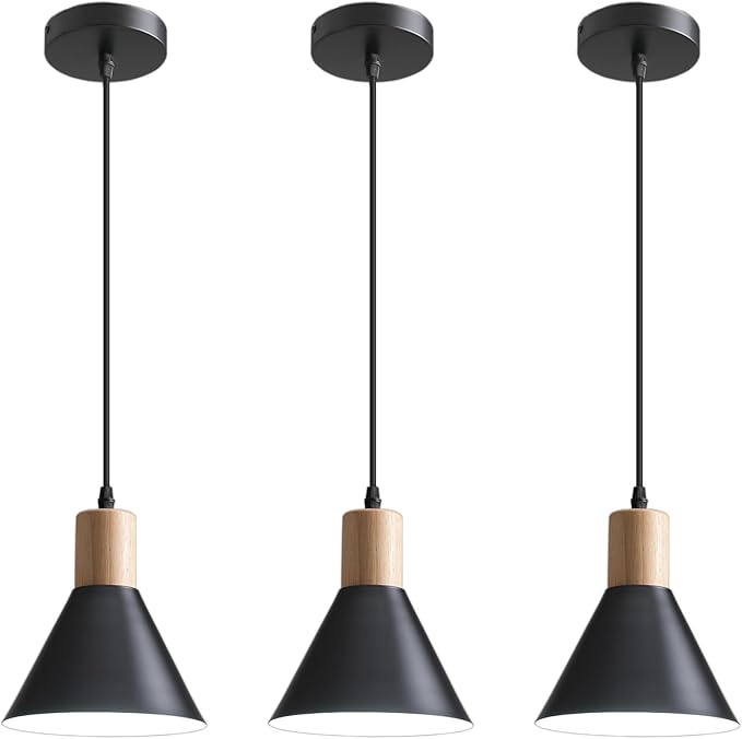 Pendant Lights, 3 Pack Solid Wood Ceiling Hanging Lamp, Modern Matte Black Pendant Lighting for Kitchen Over Island Dining Living Room Bedroom