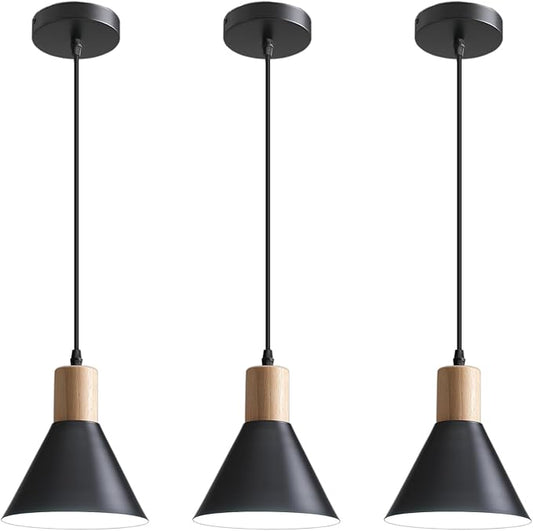 Pendant Lights, 3 Pack Solid Wood Ceiling Hanging Lamp, Modern Matte Black Pendant Lighting for Kitchen Over Island Dining Living Room Bedroom