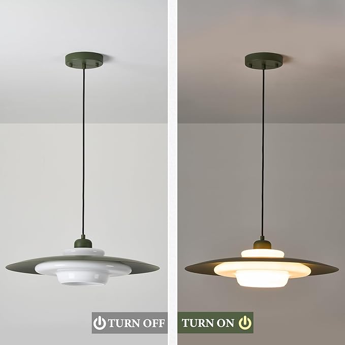 TeHenoo Mid Century Pendant Lights,Deep Green Shade,Milk White Glass,Adjustable Modern Large Pendant Lighting for Kitchen,Dining Room,Living Room