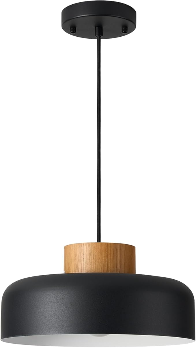 Modern Farmhouse Pendant Lights, 12.6 inch,Natural Wood Cap, Small Simple Ceiling Light Fixture for Kitchen Island, Dining Area, Matte Black