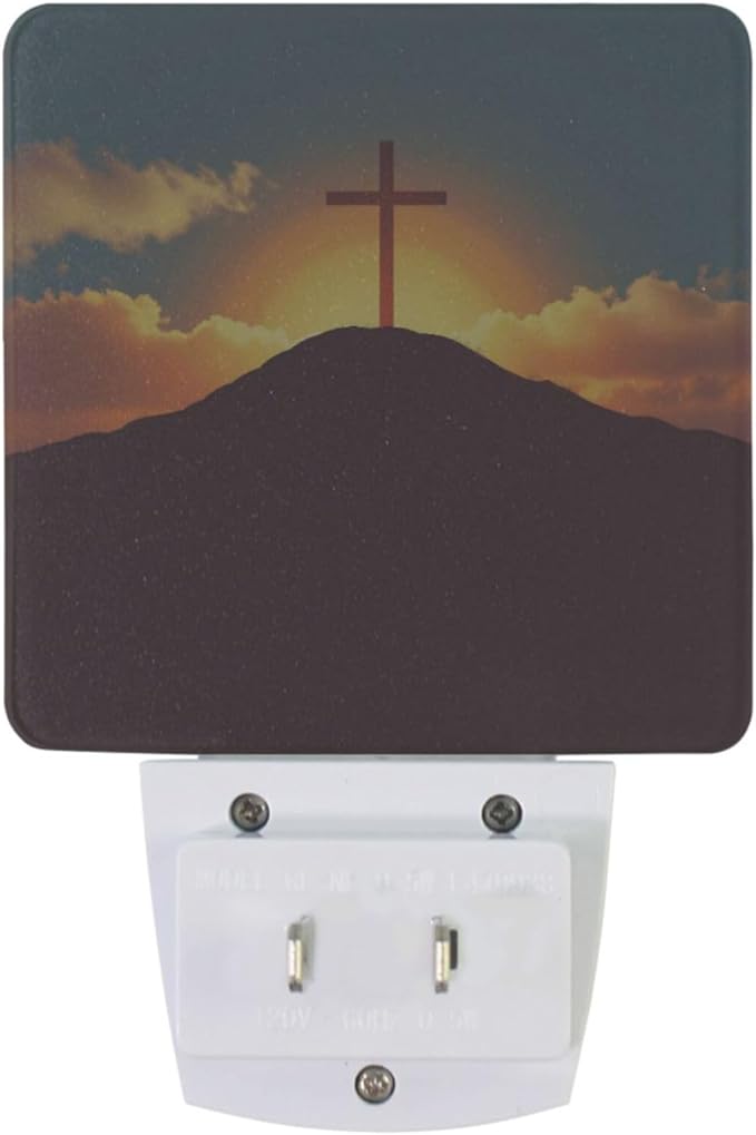Vdsrup Easter Cross Sunrise Night Light Set of 2 Mountain He is Risen Plug-in LED Nightlights Auto Dusk-to-Dawn Sensor Lamp for Bedroom Bathroom Kitchen Hallway Stairs