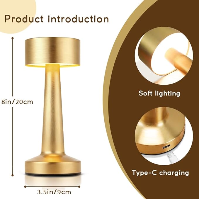 Portable LED Table Lamp, 3-Levels Brightness Metal Desk Lamp,3 Color Touch Control Rechargeable Lamp, Ideal Bedside Lamp for Nightstand,Bedroom, Living Room (Light Golden)