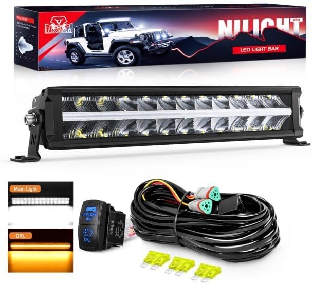 Nilight LED Light Bar with Amber DRL 16 Inch 120W Offroad Light Anti-Glare Flood Spot Combo LED Driving Light IP68 w/ 14 AWG DT Connector Wiring Harness for Pickup Truck SUV ATV UTV Boat 4x4