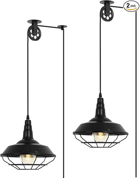 Farmhouse Black Metal Wire Cage Plug in Pulley Pendant Lights with 19.4ft Adjustable Cord On/Off Switch, Industrial Vintage Barn Hanging Ceiling Light for Kitchen Island Hallway Foyer (2 Pack)