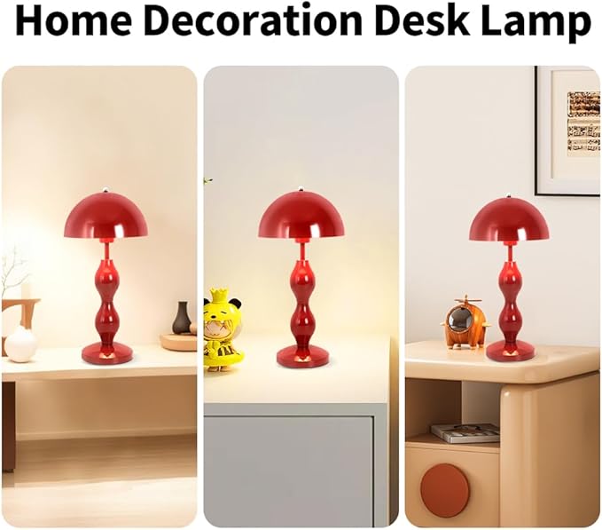 Mushroom Lamp,Red Mushroom Bedside Table Lamp for Living Room,Mid Century Vintage Table Lamps for Bedroom,Home Office Decor Desk Light,Aesthetic Nightstand Lamps,Flowerpot Desk Light,Red Iron Shade