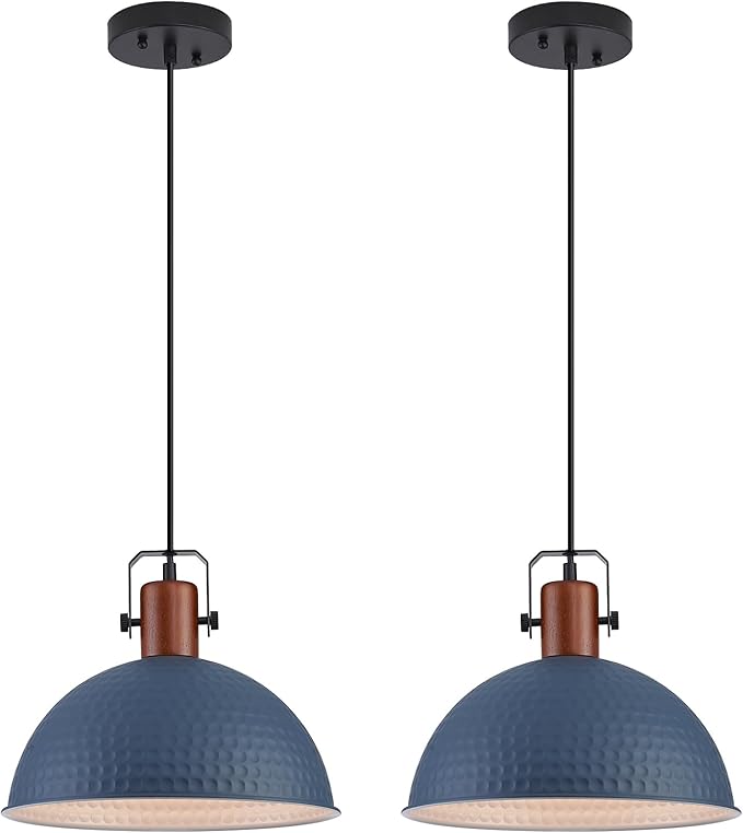 12 Inch Blue Pendant Lights Hammered Matte Pendant Lights for Kitchen Island Industrial Farmhouse Adjustable Height Dome Hanging Light Fixtures for Barn, Dining Room 2 Packs