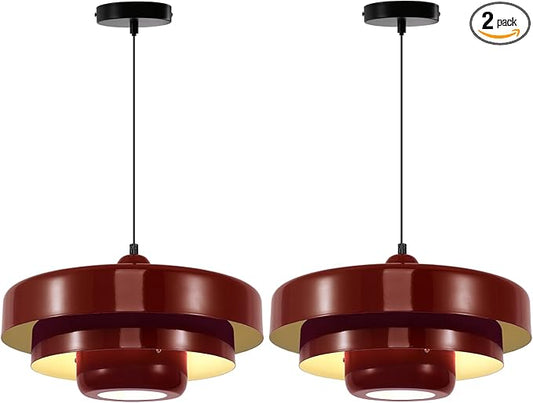 2PCS Red Pendant Lights, Nordic Flush Mount Ceiling Light with E26 Base, Adjustable Farmhouse Hanging Light for Bedroom, Pantry, Bar, Cafe