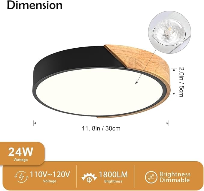 Vikaey Modern Dimmable LED Ceiling Light, Minimalist Wood Style 5CCT 2700K-6000K Flush Mount Ceiling Light Fixture, Round Lighting Lamp for Bedroom, Laundry Room, Hallway, Entryway, Black, 11.8"