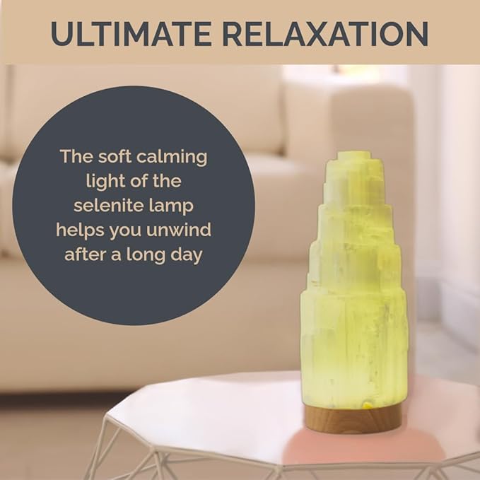 Wish Well Large Selenite Lamp with 7 Color LED Wooden Base - 8" Selenite Tower Healing Crystals for Zen Decor, Spiritual Room Decor, Energy Healing, and Protection