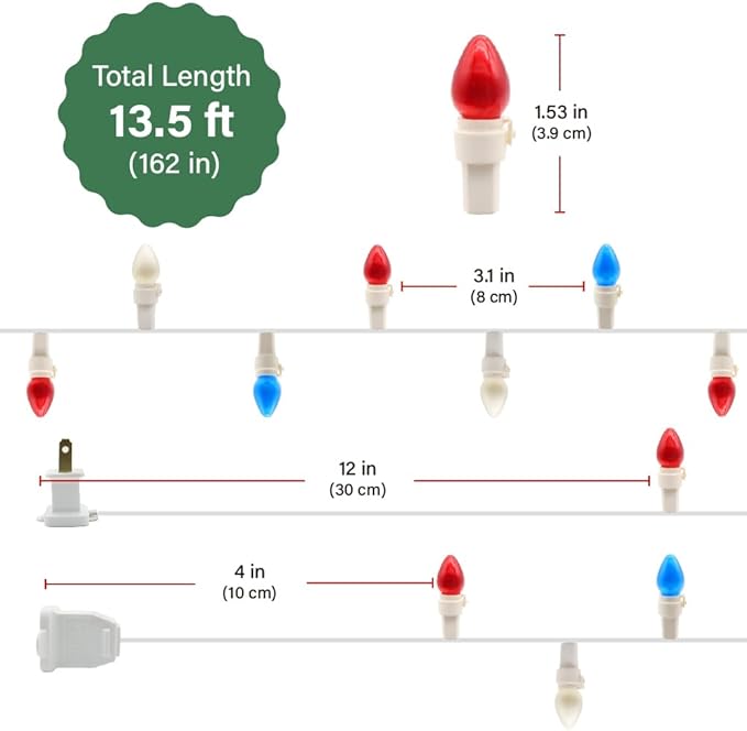 GlowVibe Red White and Blue String Lights, 4th of July, C3 Glass 13.5 ft 50 LED Plug in Lights for Home Patio Garden Yard Memorial Day Independence Day Patriotic Decorations Outdoor, White Wire