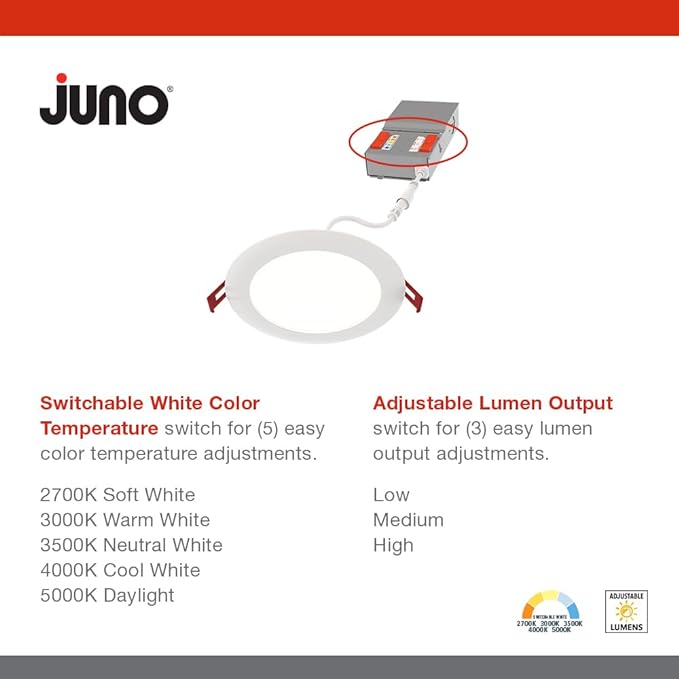 Juno LED Recessed Lights 4 Inch Round Baffle Wafer Downlight, 5-in-1 Switchable White Color Temperature, Adjustable Brightness, 120 Volts, 4-Inch Flat Trim, Matte White | (Pack of 12)