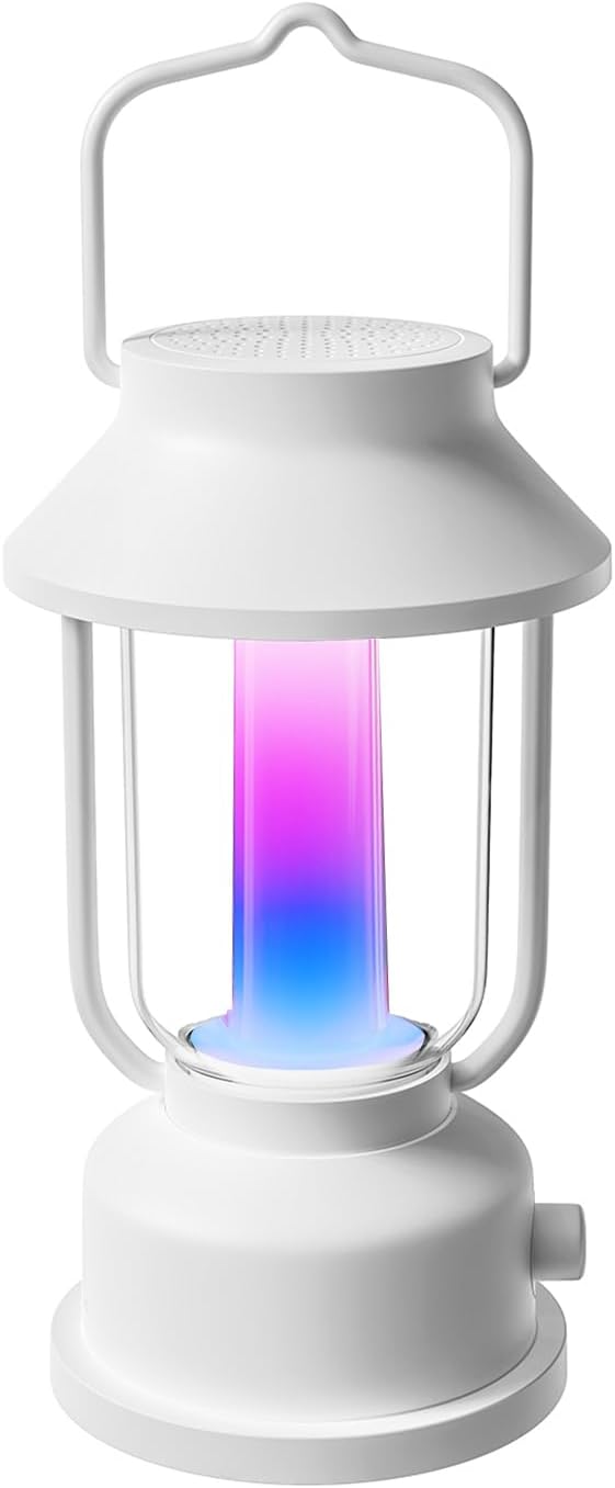 Retro RGB Portable Night Light with Bluetooth Speaker, Constant Light and Fantasy Color Two Modes, Romantic Atmosphere Lamp, Vintage Camping Light with Handle (White)