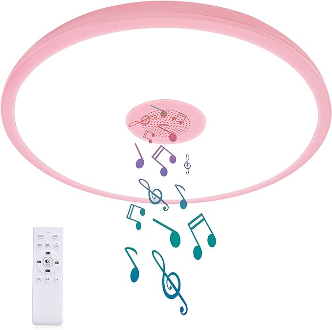 Pink Waterproof LED Ceiling Light Fixture,Music Ceiling Lamp,with Bluetooth Speaker,11Inch 18W, 2700K-6500K Dimmable RGB Color Changing Light with Remote Control,Suitable for Girls' Room