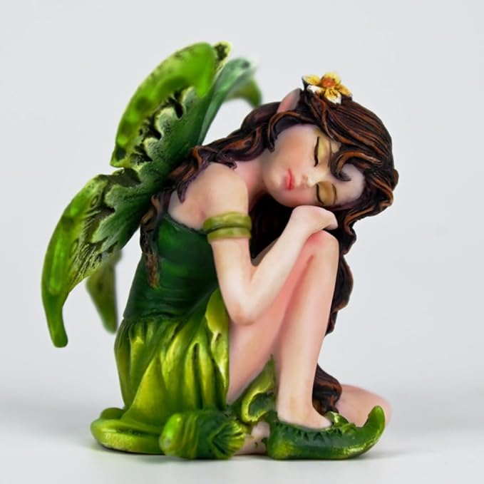 Fantasy Sleeping Fairy Figurine, 3.15 Inch Mini Green Elf Statue, Hand-Painted Resin Indoor Decor for Desk, Plant Pot, Fairy Garden