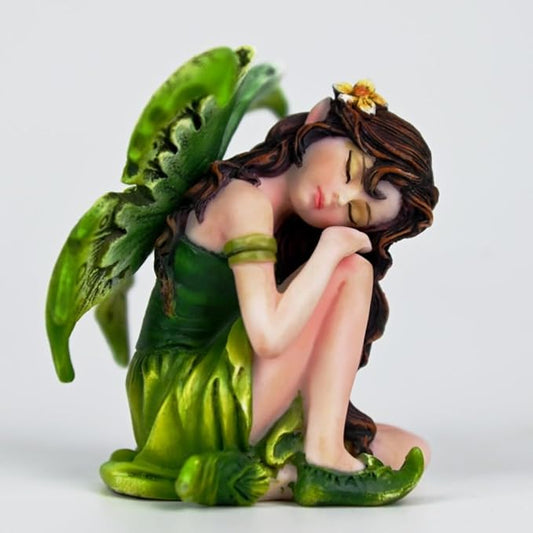 Fantasy Sleeping Fairy Figurine, 3.15 Inch Mini Green Elf Statue, Hand-Painted Resin Indoor Decor for Desk, Plant Pot, Fairy Garden