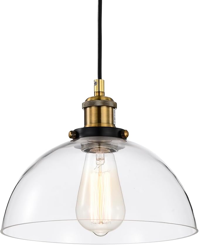 Edvivi Mateo 1-Light Pendant Lights with Clear Glass Dome Shade, Black and Antique Brass Modern Farmhouse Ceiling Lighting, Adjustable Hanging Industrial Light Fixture for Kitchen, Dining, Bedroom
