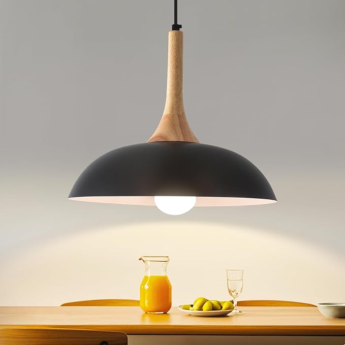 Black Pendant Lights Kitchen Island, Modern Pendant Light with Wood Cap, 13.8 inch Dome Pendant Light for Kitchen, Dining Room, Living Room
