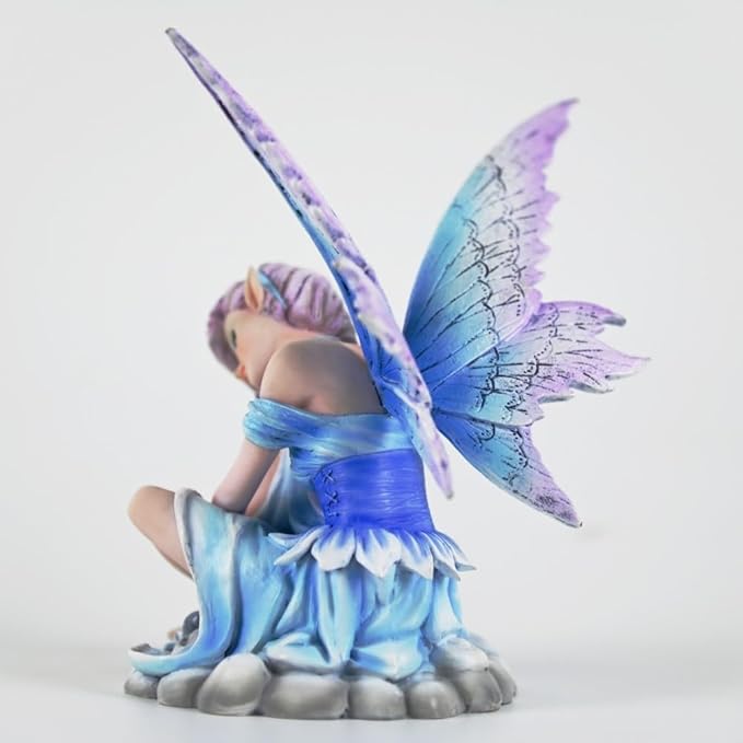 Fantasy Cloud Base Fairy Figurine, 6.1 Inch Blue-Purple Gradient Elf Statue, Hand-Painted Resin Decor with Gradient Wings & Hair for Living Room, Bedroom, Fairy Garden