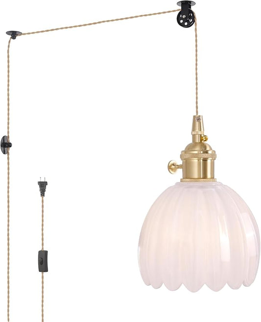 Mini Plug in Pendant Light Hanging Light Fixture Corded On/Off Switch Brass Pendant Light with White Tulip Glass Lampshade for Bedroom Living Room Kitchen Island
