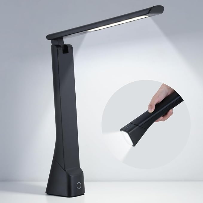WILIT Rechargeable LED Desk Lamp with Torch Light for Office Home,Cordless Battery Operated Table Lamp with 3 Colors Dimmble Stepless,Eye-Caring Desk Light,Touch Control Lamp for Camping Reading Study