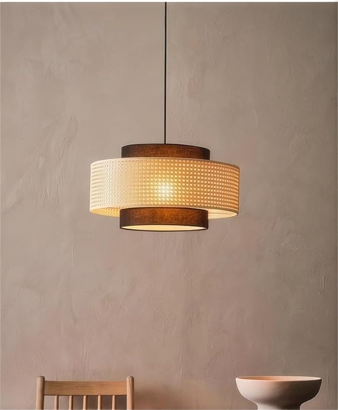 LIGHTLAND Rattan Farmhouse Pendant Light Fixture, Hand Woven Dining Room Pendant Light with Fabric Shade, Rustic Pendant Hanging Light Fixture for Kitchen Island, 16''