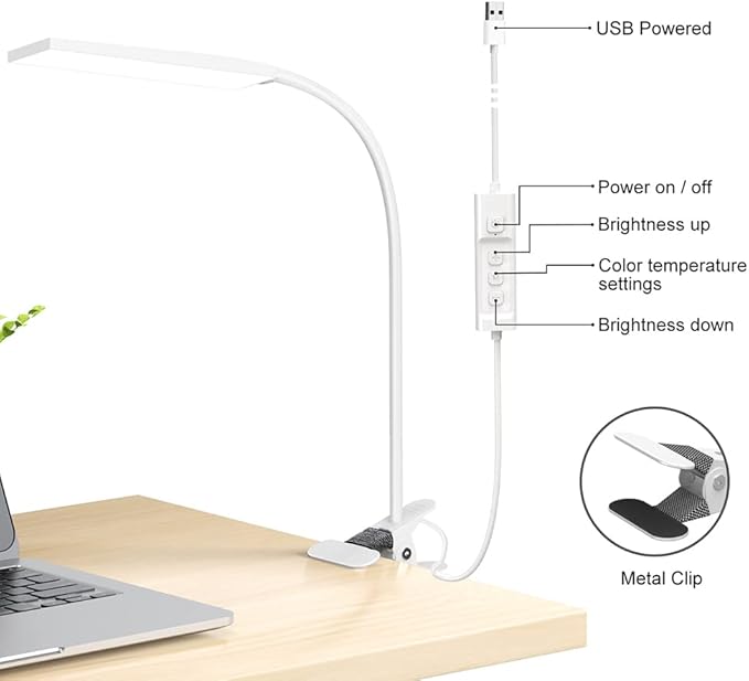 RAOYI LED Desk Lamp, 5W USB Clip on Light Eye-Caring Reading Clamp Table Lamp with 48 LEDs Flexible Neck, 3 Color Modes and 14 Brightness Levels for Office Bedroom Study (White)