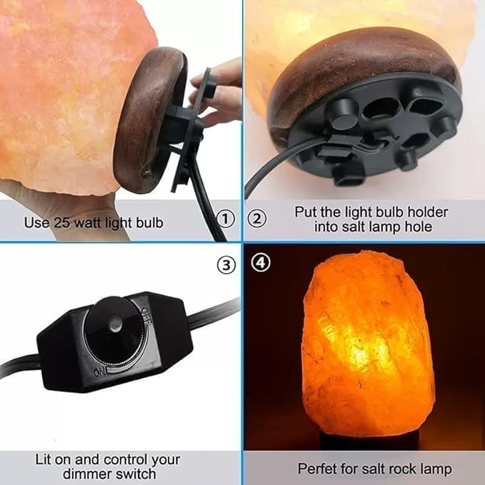 Himalayan Salt Lamp Cord Replacement Kit with Dimmer Switch & 6-Pack 15W E12 Halogen Bulbs, 5ft Cord Base Assembly for Salt Rock Lamps, 110V Adjustable Brightness Cord Set (1)