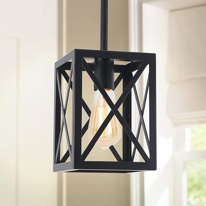 Industrial Pendant Light Fixture, Single Light Black Mini Hanging Chandelier Farmhouse Kitchen Island Lantern Cage Ceiling Lights for Dining Room Restaurant Cafe Hallway Bar Barn