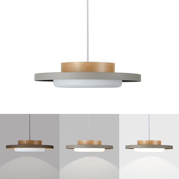 Modern Pendant Lights,15 inch,Natural Wood Cap,3000K/Warm White/22W Dimmable,LED Pendant Light Fixtures for Kitchen, Dining Room, Living Room,Gray