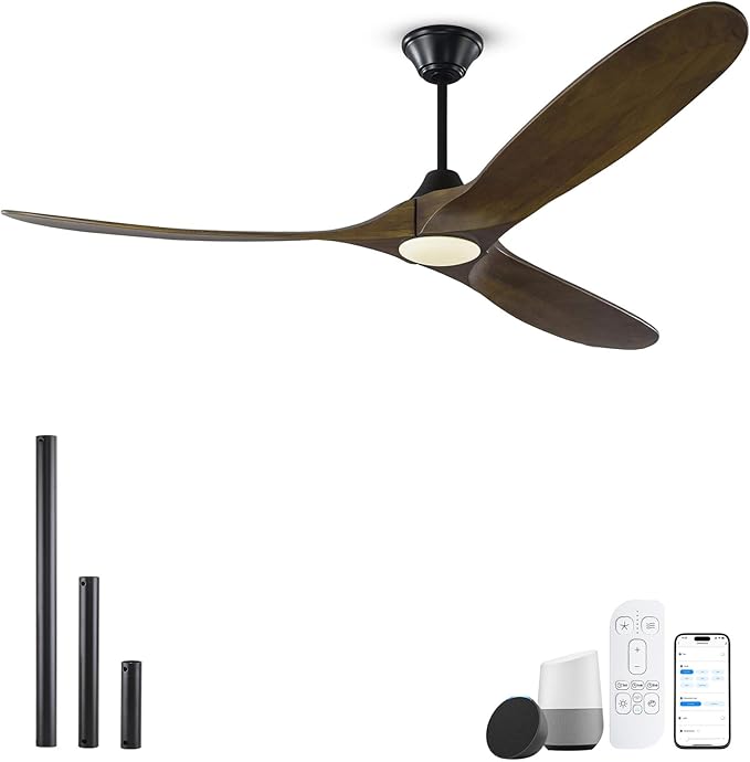 70 Inch Outdoor Smart Ceiling Fans with Lights, Rustic Farmhouse Ceiling Fan Large Airflow 3 Blade Wood Propeller, Damp Rated, Voice/App/Remote Control, Quiet DC Ceiling Fan for Patios Porch Garage
