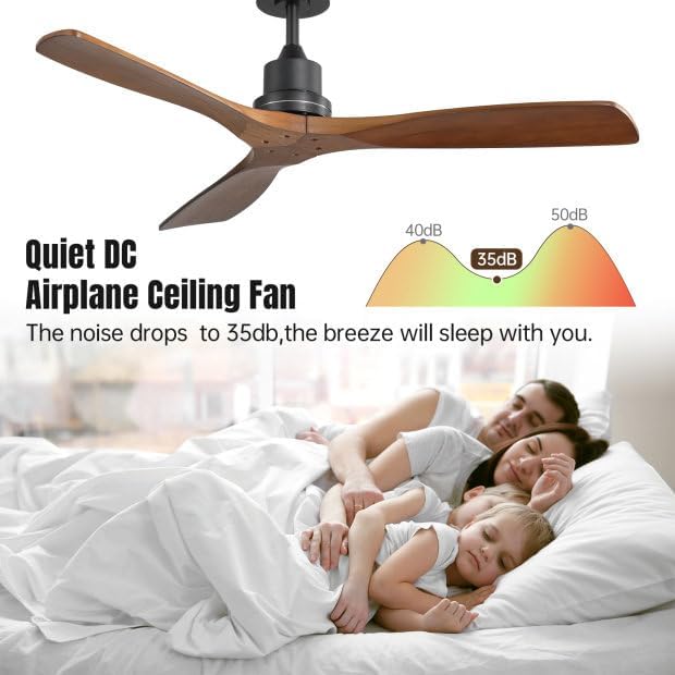 Wood 52 Inch Solid Wood Ceiling Fan without Light 3 Blades Ceiling Fan No Light with Remote, 6 Speeds with Reversible DC Motor for Living Room Bedroom Patio With Cover
