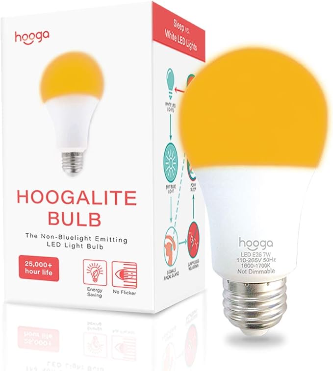 hooga Sleep Light Bulb, Amber Light Bulbs for Sleep Therapy, Blue Light Blocking, 1600K Dim Light Bulbs 45W Equivalent, Mood Soothing Light, E26 A19 Warm Light Bulbs for Bedroom, Nursery, 1 Pack.