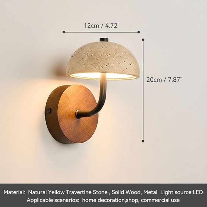 Accent Wall Lamp, Mushroom Travertine Wall Sconce, Yellow Stone Half Dome Light with Wood Base and Iron Arm for Bedroom Living Room Hallway Bedside Entryway Decor Home Art Surface