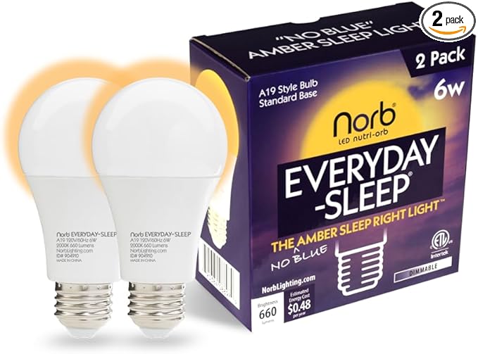 Norb Everyday Sleep Light Bulb - No Blue, Amber LED, 2000K Nighttime Lighting for Bedroom, Dimmable A19 Bulb Promotes Natural Melatonin & Circadian Rhythm for Babies, Kids, Adults, 6W (2-Pack)