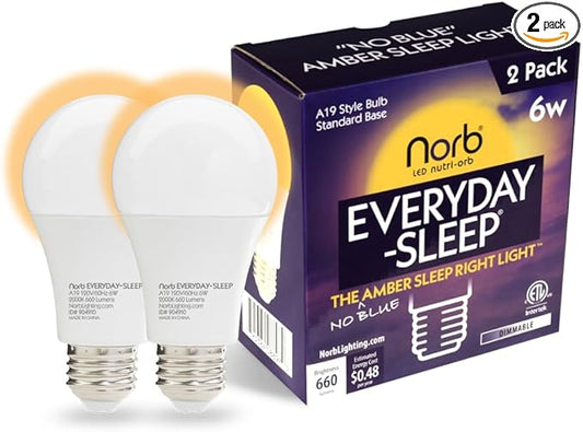 Norb Everyday Sleep Light Bulb - No Blue, Amber LED, 2000K Nighttime Lighting for Bedroom, Dimmable A19 Bulb Promotes Natural Melatonin & Circadian Rhythm for Babies, Kids, Adults, 6W (2-Pack)