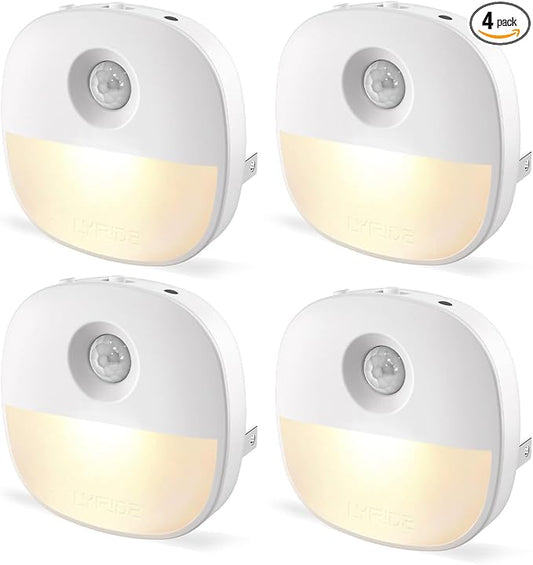 Lyridz Plug in Night Light with Motion Sensor and Dusk to Dawn Sensor, Dimmable Warm Nightlight with 1-50lm Adjustable Brightness Indoor for Bedroom, Bathroom, Stairs, Hallway, 4 Pack