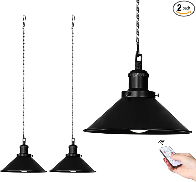 2 Pack Black Portable Battery Operated Hanging Lights, Rechargeable Wireless Outdoor Pendant Light with Remote, Battery Powered Chandelier Lantern Fixture for Indoor Outdoor Gazebo Porch Patio