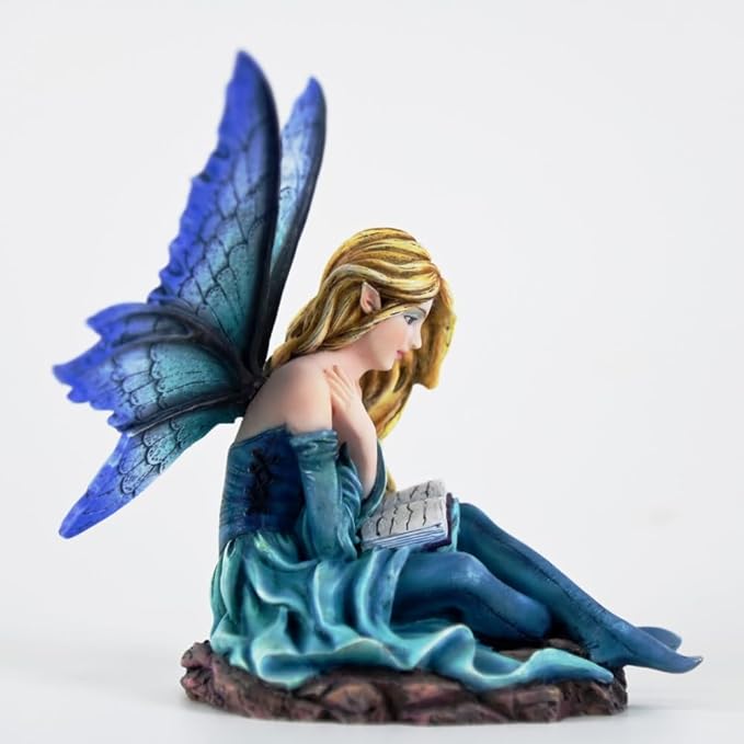 Fantasy Reading Fairy Figurine - Blue Gradient Wings Elf Statue with Book, Cozy Resin Decor for Desk, Study & Fairy Garden (15.5cm)