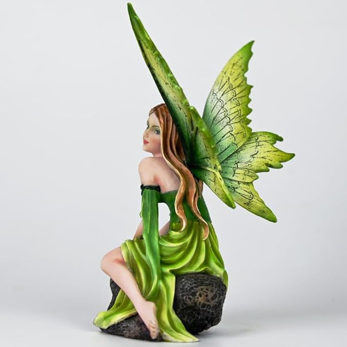 Fantasy Forest Green Fairy Figurine - Gradient Leaf Wings Elf Statue, Hand-Painted Resin Decor for Natural Garden, Desk & Shelf (15.5cm)