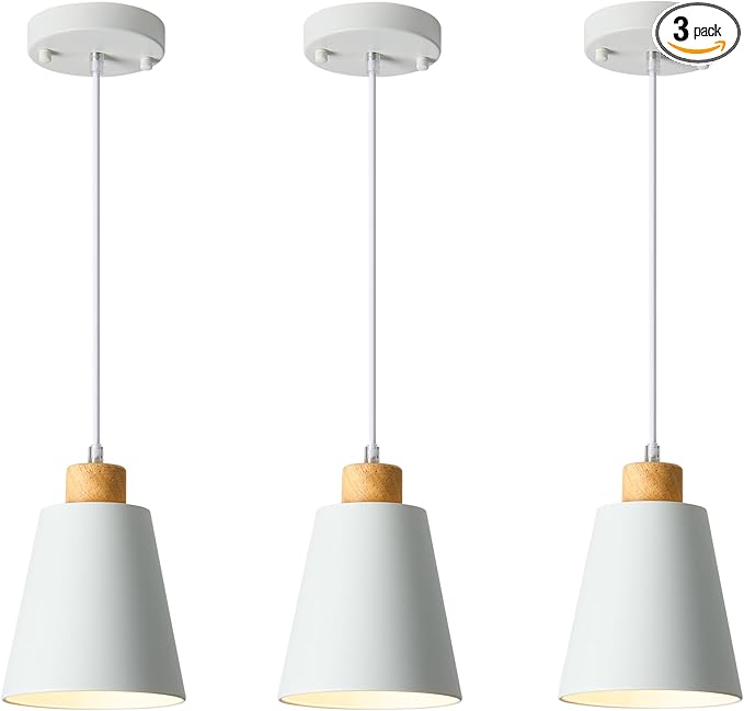 White Pendant Light Kitchen Island Wood Pendant Lighting Mini Modern Hanging Light Small Pendant Light Fixture for Dining Room,Bar,Bedroom,Adjustable Cord,5.94 inch,3 PCS