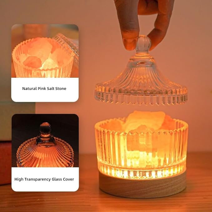 Natural Himalayan Salt Lamp: Authentic Crystal Pink Salt Rock Lamp with Wood Base, Adjustable LED with Switch Control, Essential Oil Diffuser for Home Office Decor and Gift
