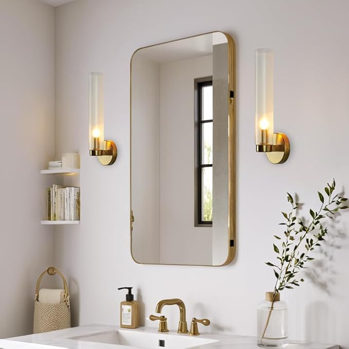 Fluted Textural Glass Wall Sconce, Modern Indoor Vanity Light, Glass Tube Wall Light Fixture with Metallic Finish, Wall Light fixtures for Bathroom, Mirror, Living Room, Bedroom (Brass)