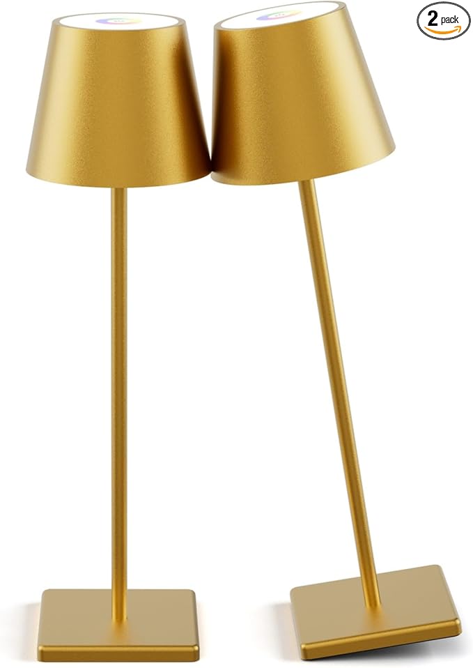 2-Pack LED Cordless Table Lamp 3W 5000mAh Rechargeable Battery Operated Stepless Dimmable Portable Lamp for Restaurant, Bedroom, Outdoor (Gold)