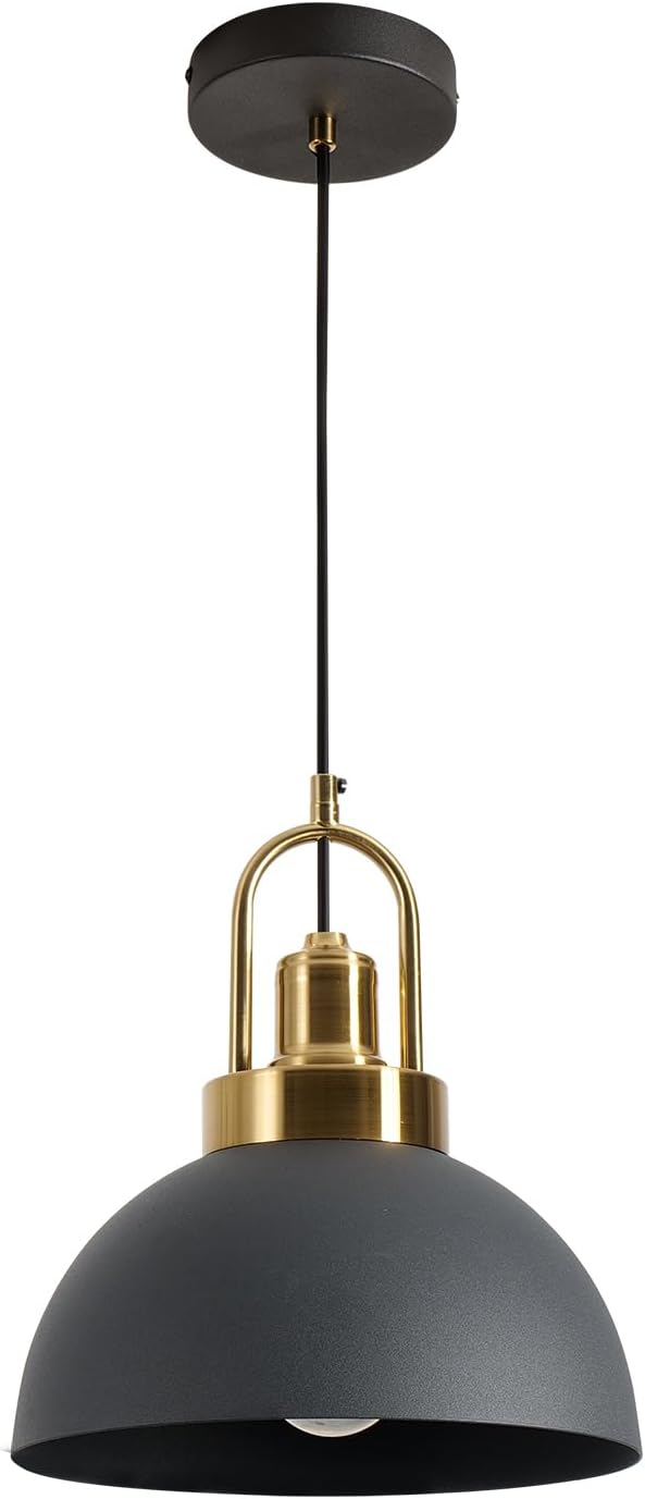 Vintage Industrial Pendant Light Black Pendant Light with 9.84-inch Dome and Brass Socket, 78.74-inch Wire – Perfect for Kitchen Island, Dining Room, Hallway, Bedroom, Living Room