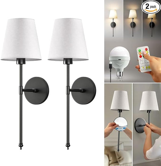 Set of 2 Wireless Wall Sconces - Stick-On or Screw Mount for Easy Installation with Rechargeable LED Bulbs, Remote Controlled, Adjustable Brightness & Warmth, Living Room Wall Decor (Black)